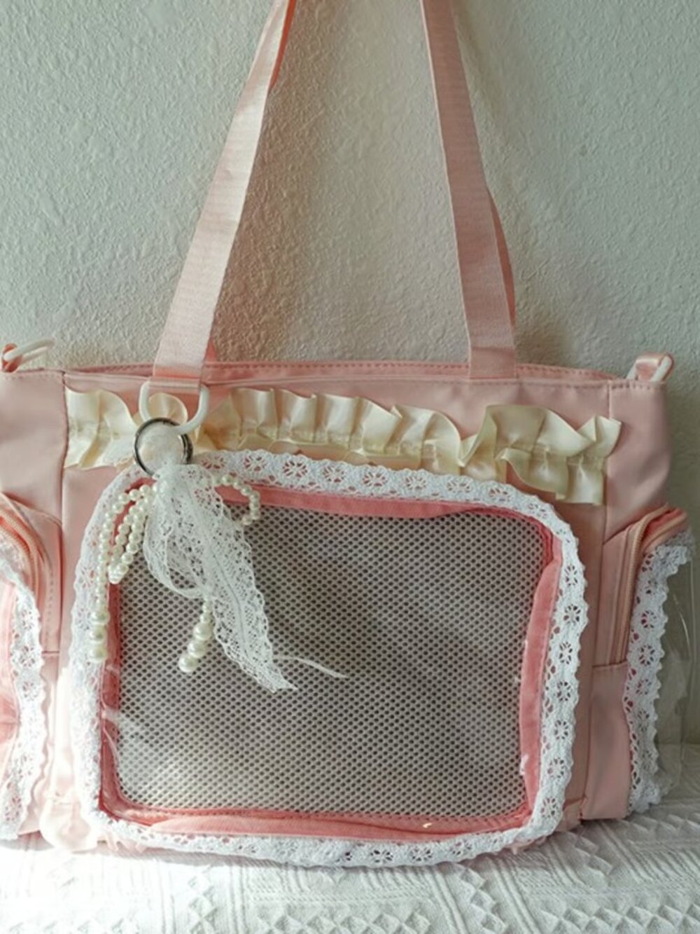 PINK Lace Ita Bag Crossbody, Kawaii Pearl Bow Shoulder Bag Y2K Messenger Itabag